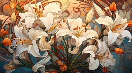 An Art Nouveau-inspired illustration of lilies, with flowing lines and intricate patterns. (Generative AI)
