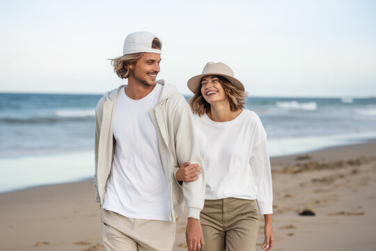 A young couple walks along the beach and smiles. Photorealistic illustration of Generative AI.