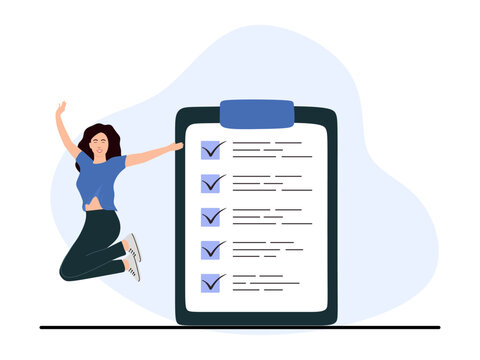 Girl completed all the tasks. Happy surprised woman jumping for joy. Business success, goal achievement, completed task list. Young funny teenager celebrating success. Flat vector illustration