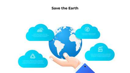 Hand holding planet Earth with clouds. Earth ecology infographic template. Save the world environment concept
