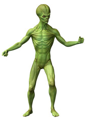 3D Rendering Green Alien on White