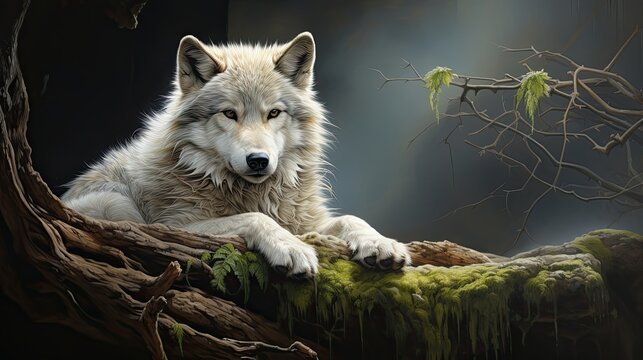 The wolf is relaxing in the middle of the forest