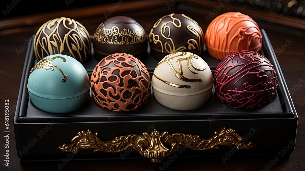 Poster a black box filled with different types of decorated eggs on top of a table. generative ai