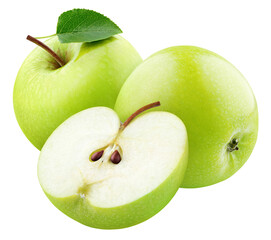 Green apple fruit with leaf and half isolated on transparent background. Full Depth of Field