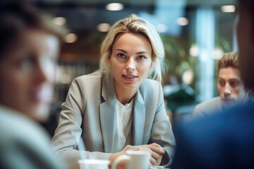 Naklejka na ściany i meble Close up of a young business woman leading a meeting. Generative AI