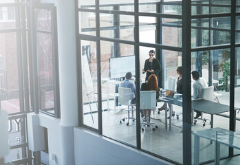 Presenter, education or business people in presentation for sales report, vision or data analysis...