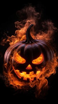 Halloween pumpkin illuminated with candle and evil smoke in dark background with copy space