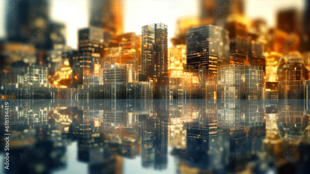 Poster double exposure of skyscrapers and city lights. 3d rendering generative ai