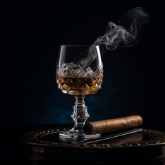 a glass of whiskey with a cigar coming from the glass the smoking cigar is on a on a black background