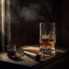 a glass of Whiskey with a cigar is on a on a black background