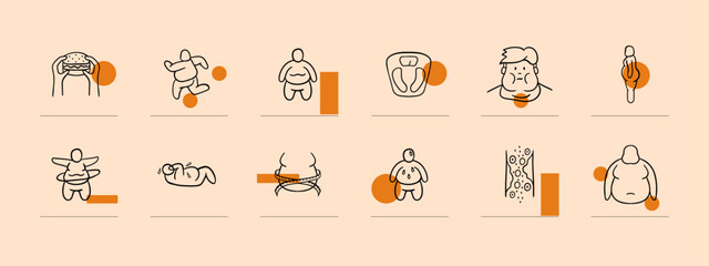 Low-Calorie Products Icon. Fast food, scales, obesity, waist measuring tape, overweight. Vector line icon