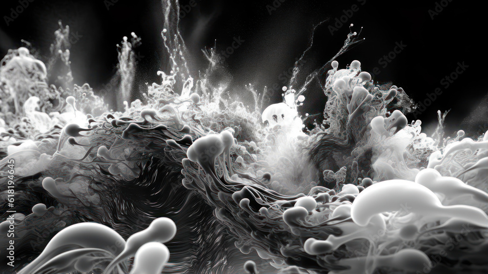 Poster black and white paint splash on black background. 3d rendering generative ai