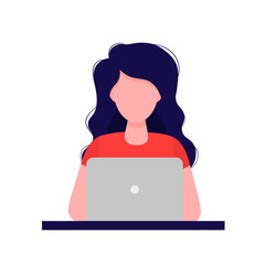 Young woman with long hair working on a laptop computer. Vector illustration in flat style on a white background.	
