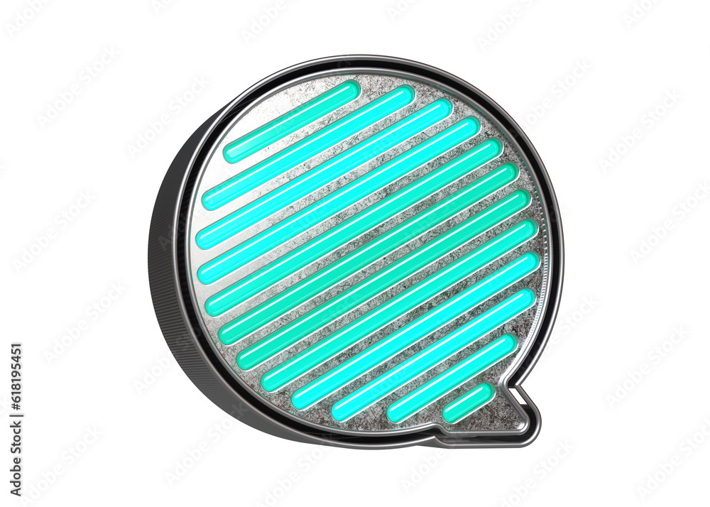 Aufkleber metallic display font letter q in silver with teal bright lines. flashing lettering for creating tit