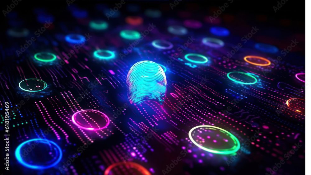 Poster biometric fingerprint and other data icons 3d background concept generative ai