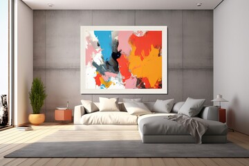 cheerful and happy mood living room idea of home decor design with colorful abstract painting art wall hanging picture, mockup idea Generative Ai