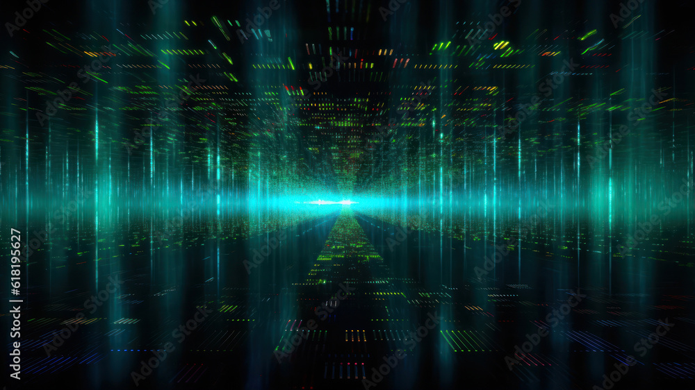 Aufkleber futuristic cyberspace tunnel with glowing lines and dots. generative ai