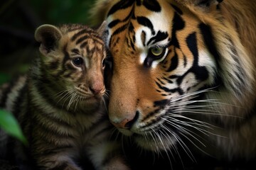 Fototapeta na wymiar Asian Elegance Capturing the Essence of a Tiger and Her Cub