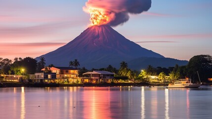 a volcano erupting over a town. Generative AI Art. - 618195654
