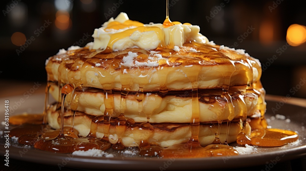 Poster a stack of pancakes covered in caramel syrup and drizzled with butter. generative ai