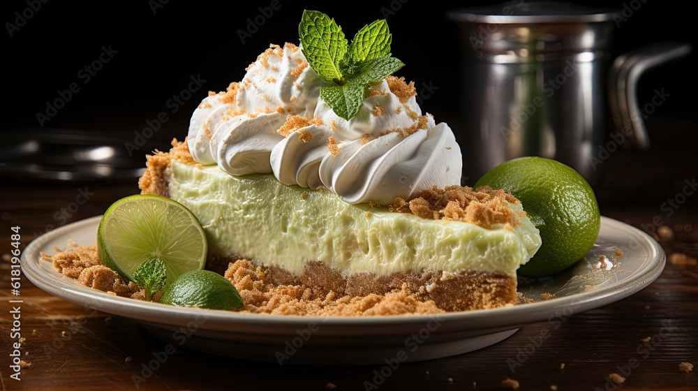 Poster a plate with a slice of lime pie on top of it. generative ai