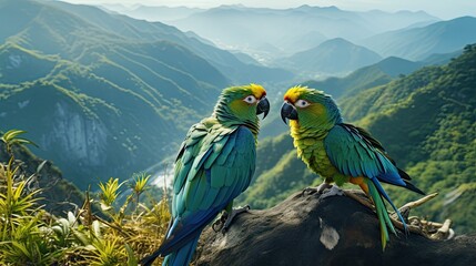A hyper realistic blue parrot and a bright green parrot on the top of a mountain