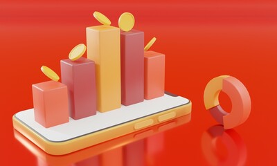 Business graph with Smartphone and coins.background for finance and trading.3D rendering illustration.