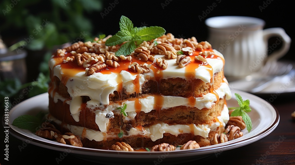 Poster a cake with nuts on top of it on a plate. generative ai
