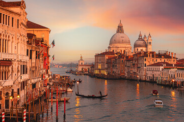 Sunset view of Grand Canal and Basilica Santa Maria della Salute in Venice, Italy.