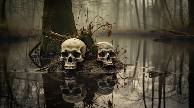 skulls in the water with a tree and a tree. Generative AI Art.