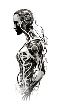 biomechanical tendrils intertwining with the silhouette of a cyborg abstract futuristic texture, isolated on a transparent background, generative ai