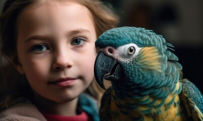 Portrait of a kid girl with her domestic ara parrot, generative AI