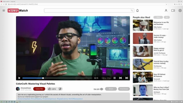 PC or laptop screen with web browser window bar animation of video hosting website with video player, comments and likes. Playback of African American blogger speaking about movie color correction.