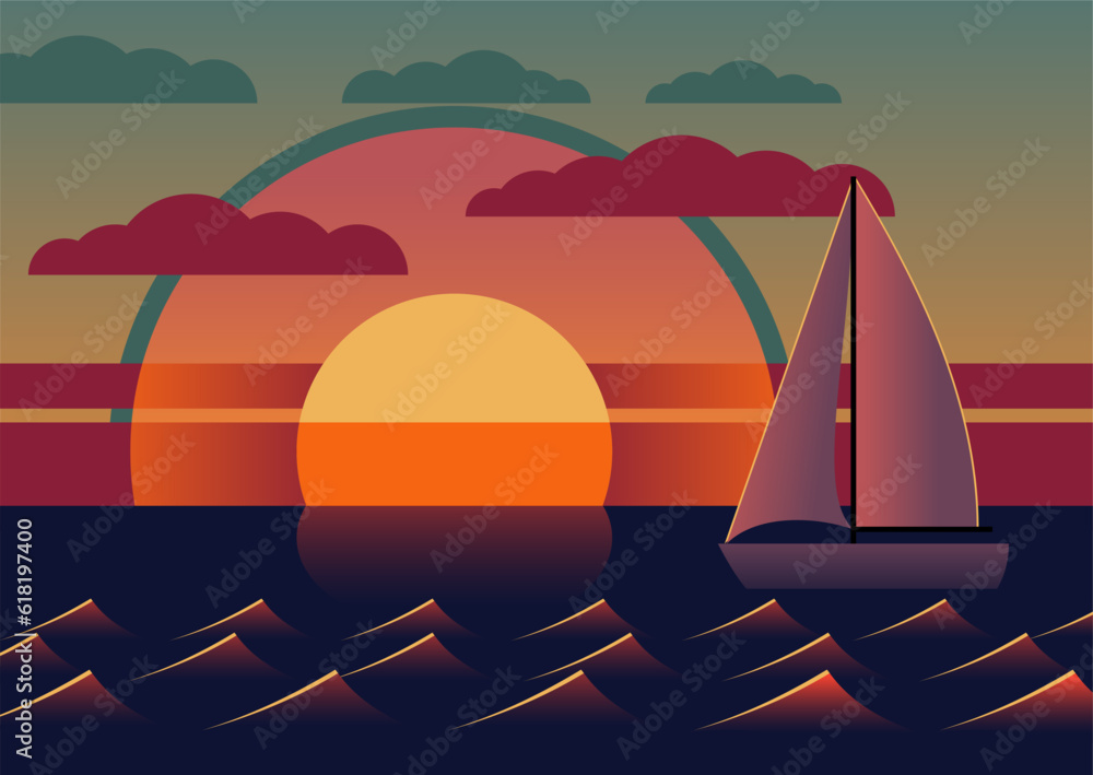 Wall mural Abstract geometric sunset - sea with sun and yacht