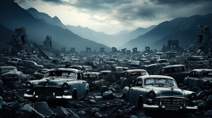 a group of old cars in a rocky area. Generative AI Art.