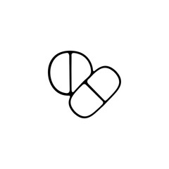 Medication Tablets Icon. Pharmaceutical products, medication, pills, capsules, prescription drugs. Vector black line icon