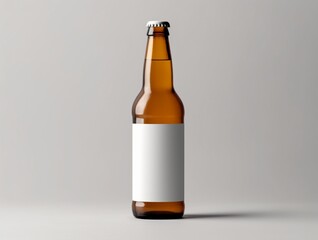 Beer bottle mockup, blank label on grey background