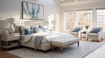 A master bedroom with a warm and inviting atmosphere