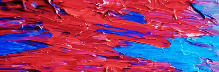 illustrazione con superficie di sfondo ricoperta con pigmenti rossi e blu di pittura ad olio applicati con una spatola - obrazy, fototapety, plakaty