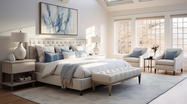A master bedroom with a warm and inviting atmosphere