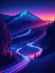 Car lights at night on the mountain pass winding road. Digital painting illustration created with Generative AI technology.