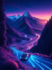 Car lights at night on the mountain pass winding road. Digital painting illustration created with Generative AI technology.