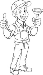 A plumber handyman plumbing construction cartoon mascot man holding a drain plunger tool.