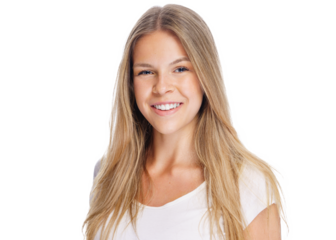 Pretty smiling joyfully female, dressed casually, smiling, looking with satisfaction at camera, being happy. Studio shot of good-looking beautiful young girl isolated on free PNG background.