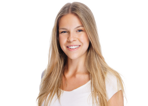 Pretty smiling joyfully female, dressed casually, smiling, looking with satisfaction at camera, being happy. Studio shot of good-looking beautiful young girl isolated on free PNG background.