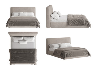 Set of four views of simple shape modern bed with beige textile cover, white pillows on a furniture roller, brown blanket on the mattress with white linen. Front, side, top, perspective view.3d render