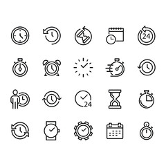 Simple Set of Time Related Vector Line Icons. Contains such Icons as Timer, Speed, Alarm, Restore, Time Management, Calendar and more. Editable Stroke.