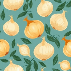 Seamless pattern with onions on turquoise background. Vegetable wallpaper.