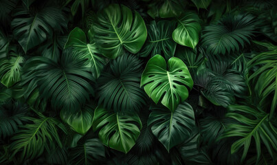 Naklejka na ściany i meble Monstera leaves textured wallpaper. Creative abstract surface banner. For postcard, book illustration, card.