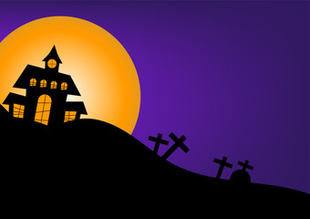 Happy Halloween concept. Black Halloween haunted house with the full moon on a spooky night with a purple sky with the tombstone. Silhouette landscape.
